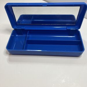 Vintage 90s Pencil Holder Hard Case Blue Mirror Art Craft Supplies 9X3 Office